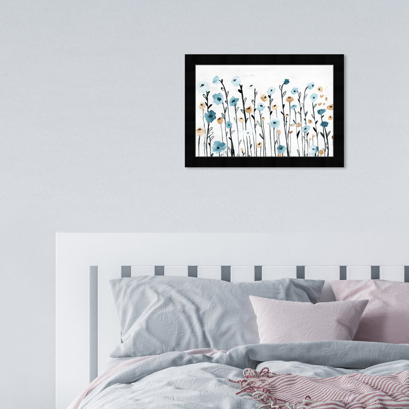 Fleurs bleues pastel bleues - peinture encadrée, Cadre noir, H 12 po x l 17 po