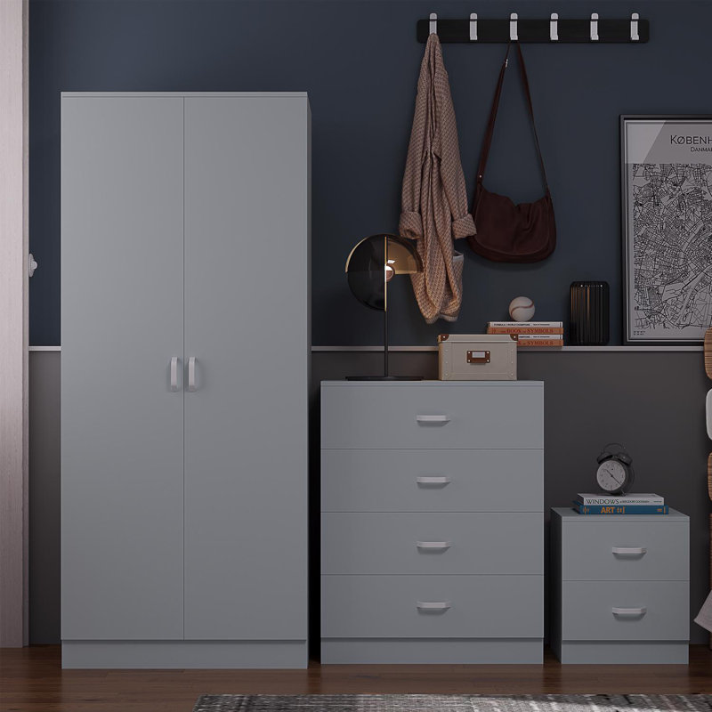 Tunis 3 Piece Bedroom Furniture Set. 2 Door Wardrobe. 4 Drawer Chest Of Drawers. 2 Drawer Bedside Table. Matt Finish, Scratch Resistant, Brushed Chrome Metal Handles