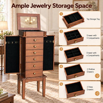 Freestanding Jewelry Armoire with Flip-Up Mirror, 6 Drawers and Necklace Hooks