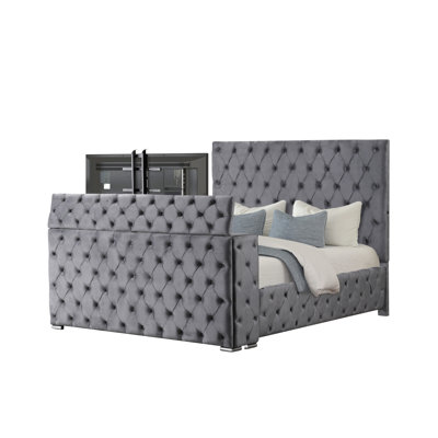 Queen Bed In Gray, Modern Design, With Electric Fireplace And Tv Storage, Wood Structure Fireplace, Solid Filler