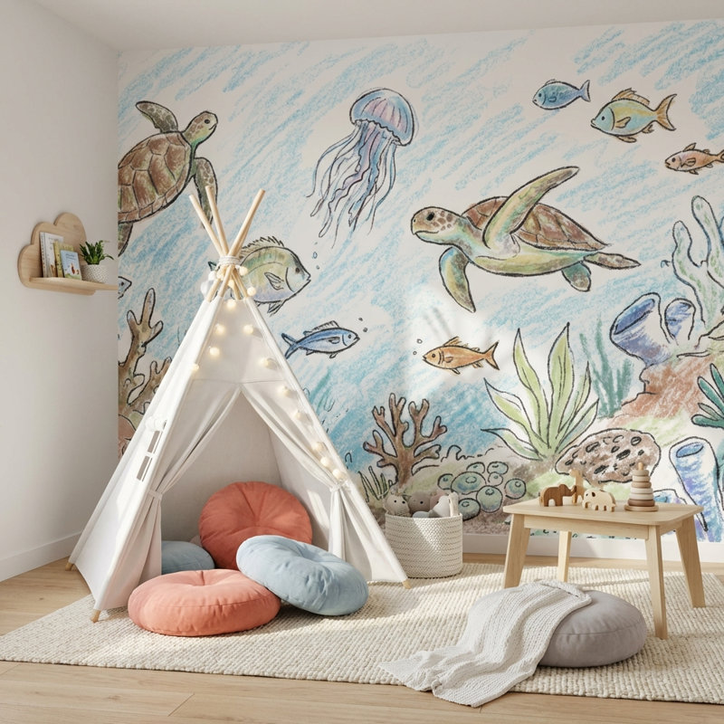 Murale sous-marine Tortues marines, Non tissé non collé, 160 po x 108 po