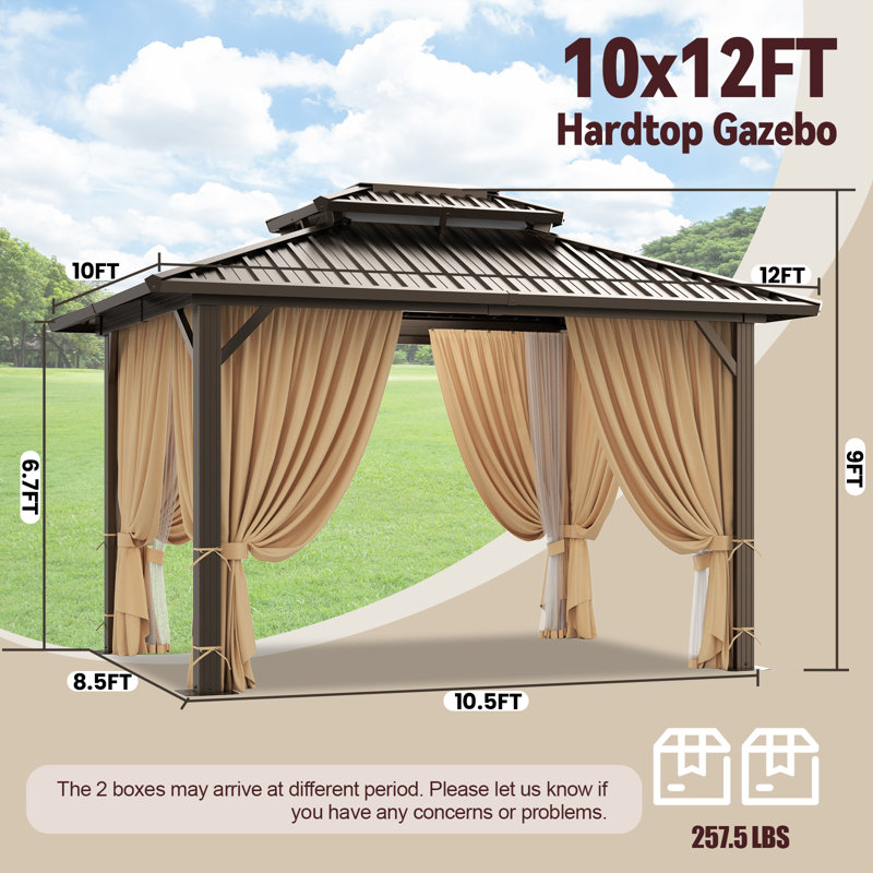 10x12 Hardtop Gazebo Aluminum Metal Gazebos Galvanized Steel Double Roof Permanent Hardtop Gazebo with Netting and Curtains Aluminum Frame Steel Gazebos for Deck, Lawns and Backyard