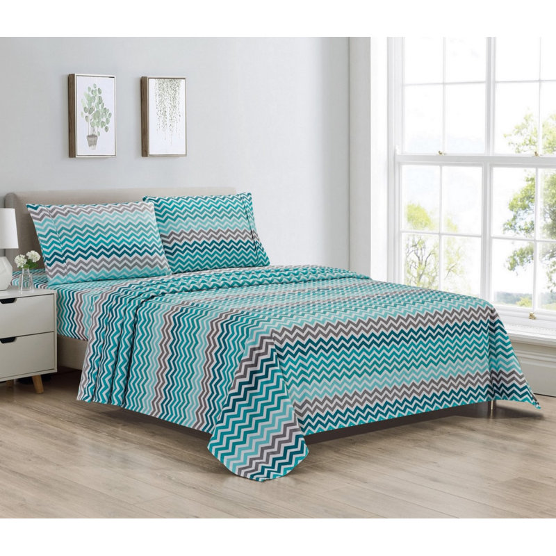 Ensemble de draps à imprimé égyptien 1800 fils 4 pièces, Turquoise, Chevrons