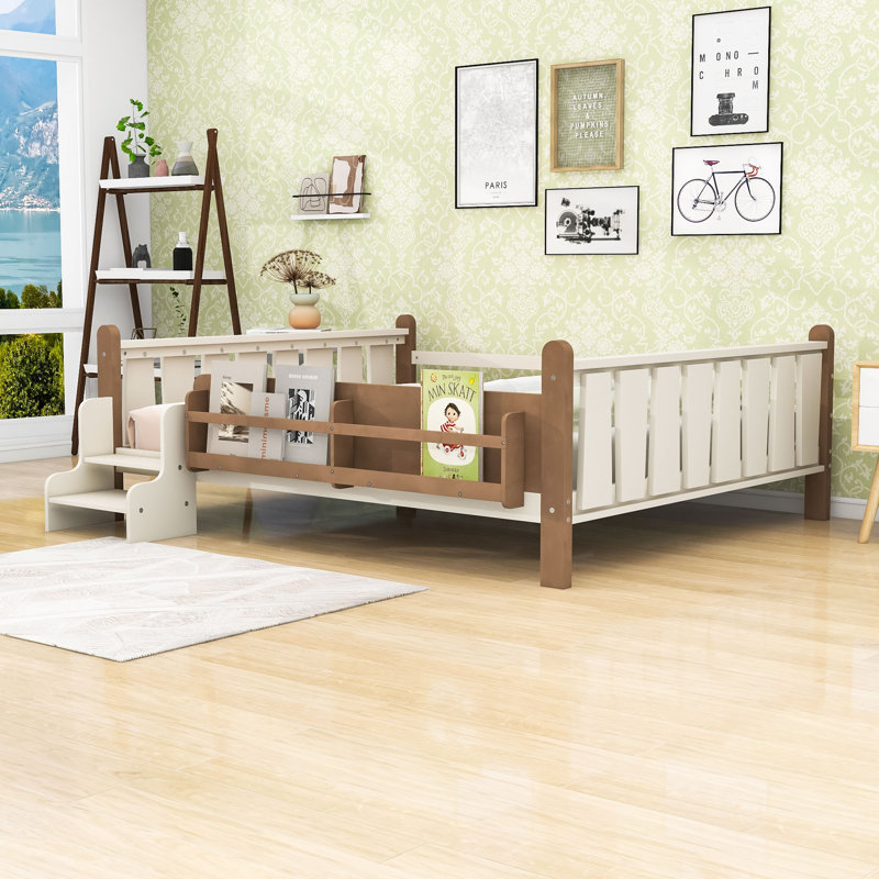 Queen Wooden Platform Bed with Bookcases and Guardrails, Beige