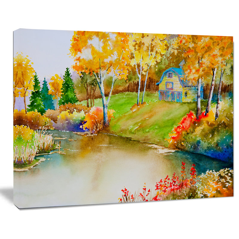 «House and Quiet Pond in Fall», reproduction d'art sur toile tendue, H 30 po x l 40 po x P 1 po