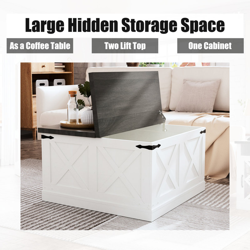 Table de cocktail blanche à deux tons avec plateau relevable et texture grain de bois pour les espaces de vie