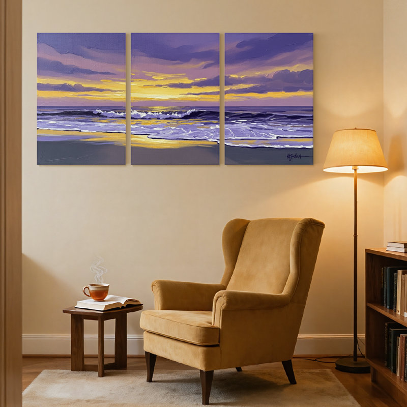 Nautique et plage coucher de soleil océan vagues ciel mauve jaune nuages plage ensemble de 3 impressions d'art sur toile