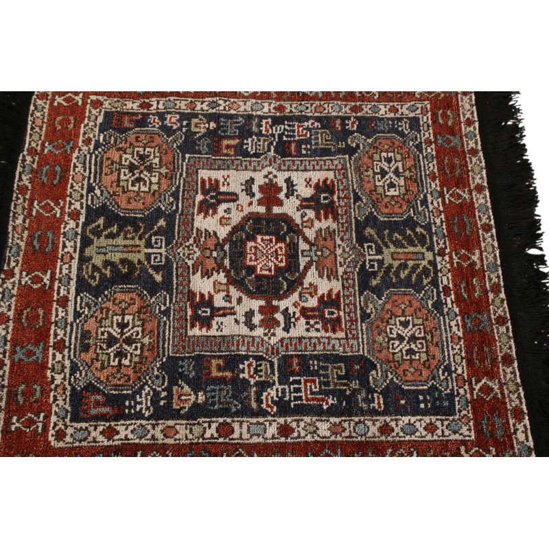 Rug & Kilim’S Tribal Square Rug In Red And Blue Geometric Pattern, Runner 3' x 12'