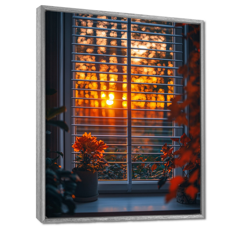 Window In The Forrest Sunrest - Art mural de fenêtre pour le salon, H 32 po x l 24 po, Impression encadrée flottante