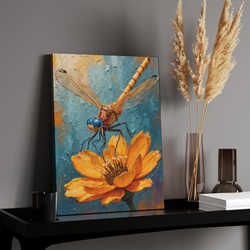 Libellule sur fleur, art mural encadré en bois, l 16 x L 20