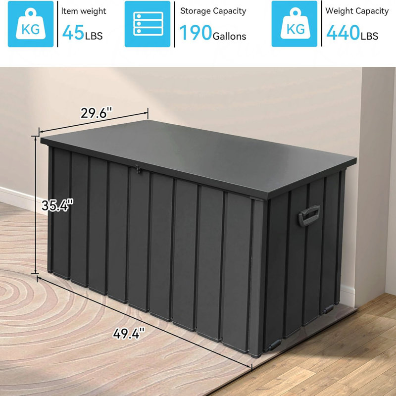 190 Gallon Metal Deck Box, Waterproof Steel Outdoor Box, Large Patio Furniture Storage Cabinet, Lockable Storage Bench For Porch Package Delivery, Pillows, Cushions, Pool, Tools, Backyard, Grey