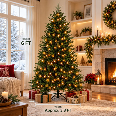 Arbre de Noël artificiel pré-éclairé 6 pi avec 300 lumières DEL blanc chaud et 8 modes, 2345 extrémités en PE et PVC, installation à charnière automatique et support en métal pour la décoration des Fêtes