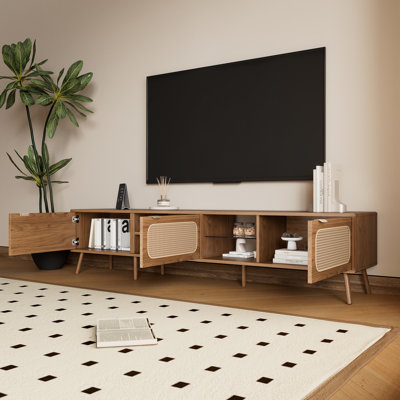 Meuble télé, téléviseurs de 75/80/85 po, console de salon 78 po, beaucoup de rangement, portes, étagères en verre, fermeture en douceur, poignée à tirette, structure de support en bois massif, teinte de couleur noyer