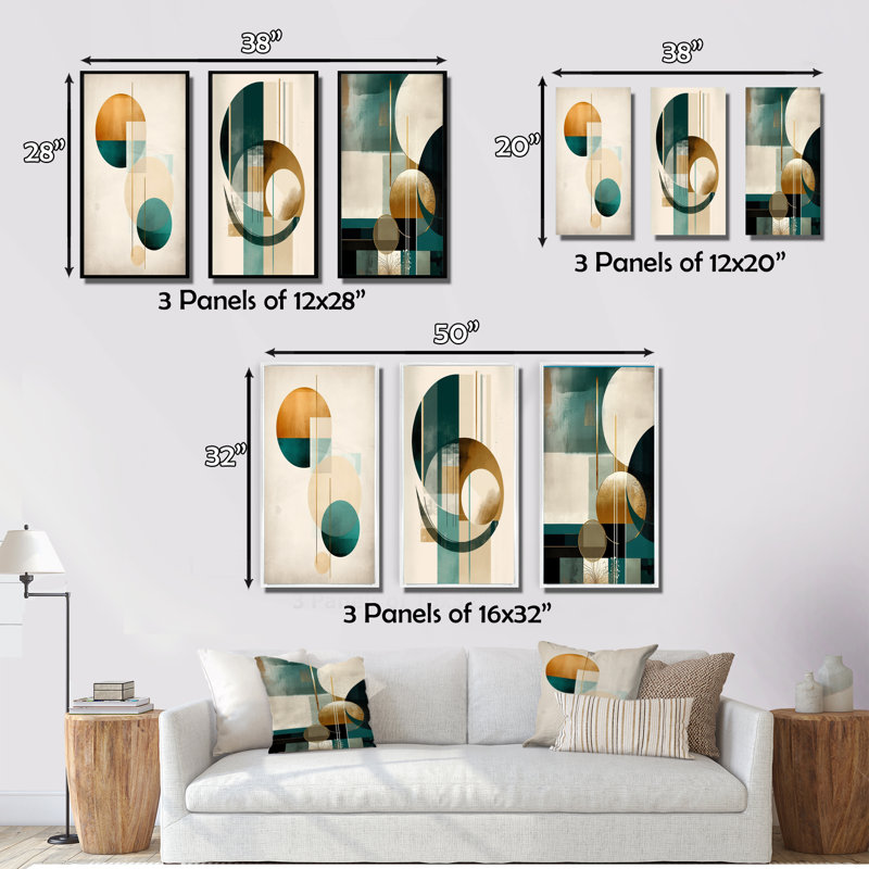 «Glorious Full Moon Retro Gold & Teal Abstract», 3 pièces, Cadre flottant blanc, H 40 po x l 60 po