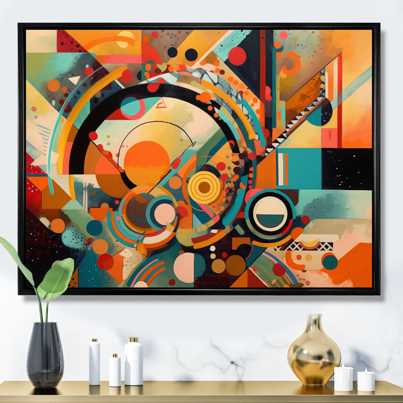 Orange et bleu, vibrations géométriques I - salon d'art mural géométrique moderne, Cadre flottant noir