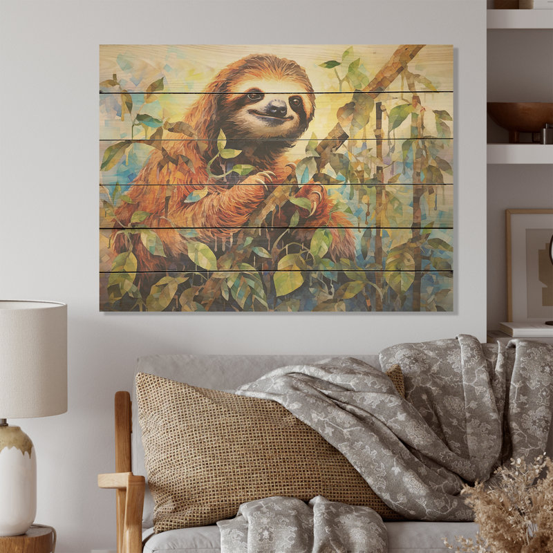 Art paresseux sur bois de pin naturel, H 30 po x l 40 po
