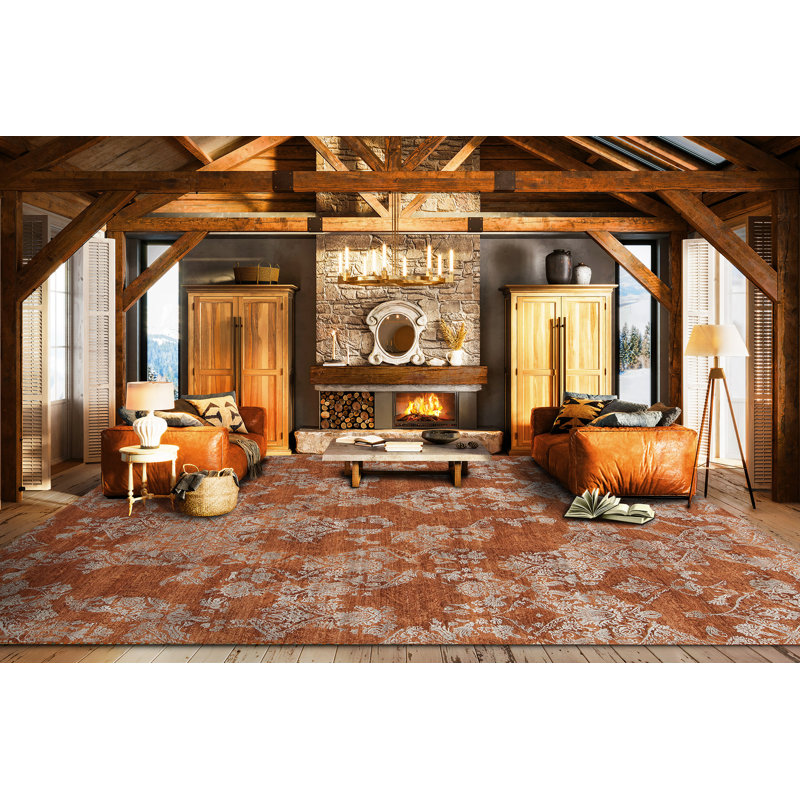 Paradise Damask Area Rug in Orange, Rectangle 9' x 12'