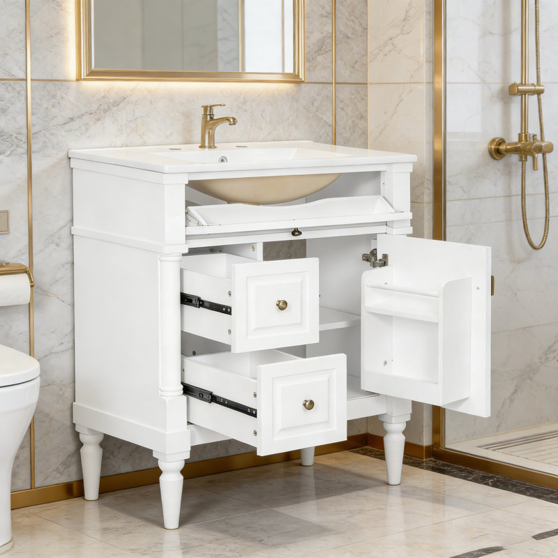 Meuble-lavabo avec lavabo, 2 tiroirs et tablette ajustable, Blanc