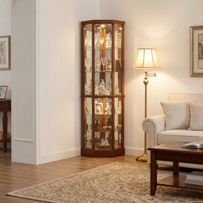Lighted Corner Curio Cabinet with Glass Doors Glass Shelves and Mirrored Back