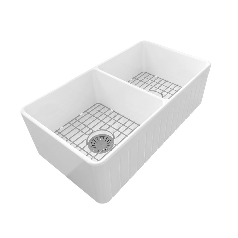 Sinber 33'' White Fireclay Farmhouse Double Bowl Kitchen Sink