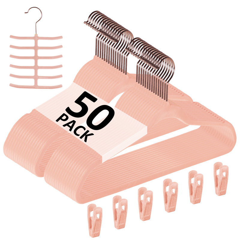 Velvet Non Slip Velvet Flocked Coat Hangers Velvet Trouser Hanging Space Saving, 50, Pink