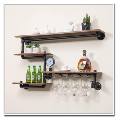 39In Industrial Pipe Wine Rack - Wall Mounted With 4 Stem Glass Holders, Rustic Floating Metal Shelves (Living Room/Kitchen Decor)