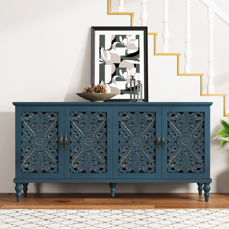 Buffet rétro 62 "avec tablettes réglables et 4 portes, buffet avec creux sculpté, Bleu