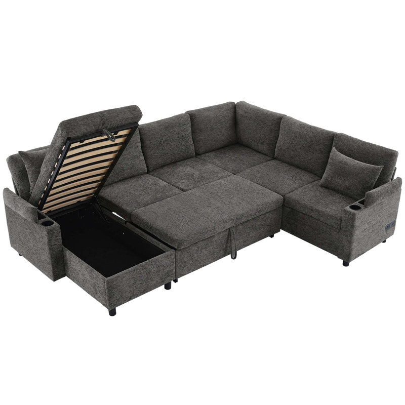 Canapé modulaire de 109,9 po Canapé-lit polyvalent Canapé-lit Canapé-lit en forme de U avec grand espace de rangement, deux porte-gobelets et ports de chargement pour le salon