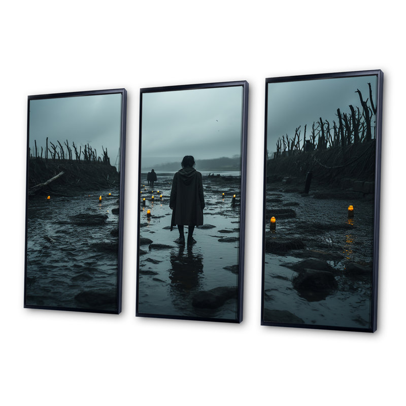 «Woman Solitude On Rocky Beach V - Man», art mural, Cadre flottant noir, H 28 po x l 36 po x P 1 po