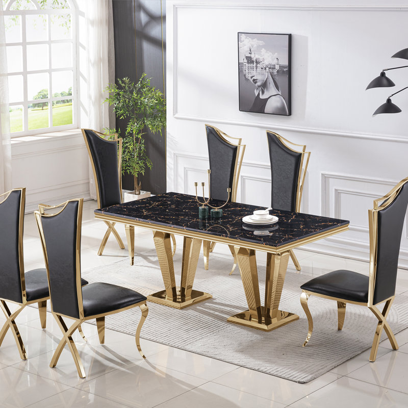 7-Piece Dining Set with Marble-Print Tabletop and Upholstered Chairs – Velvet & PU Options, Stainless Steel Legs