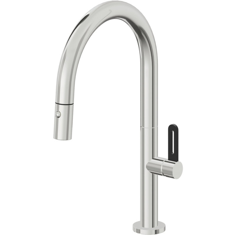 Pull-Down Kitchen Faucet With Button Sprayer - Low Arc Spout, Polished Chrome, Black Stick