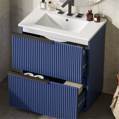 Meuble-lavabo autoportant bleu de 30 po avec conception cannelée à la main, cuve de déversement et innovation de rangement intelligent avec couleur, panneau d'extension de tiroirs