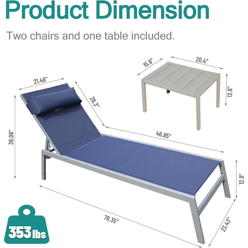 Ensemble de 3 chaises longues d'extérieur, chaise longue en aluminium améliorée avec 5 positions réglables