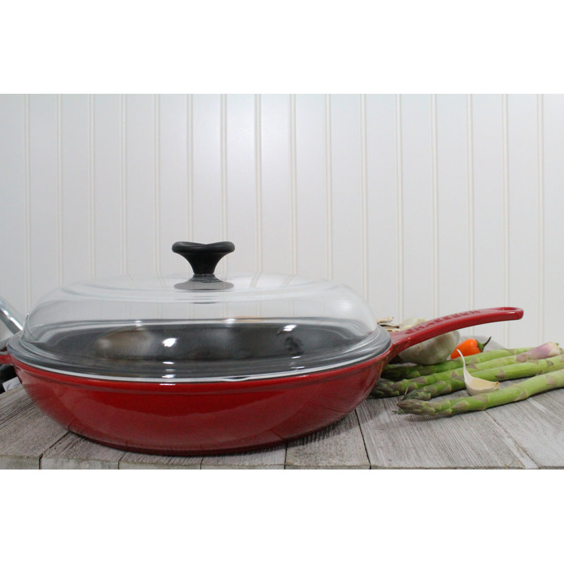 Red Enameled Cast Iron Frying Pan with Glass Lid