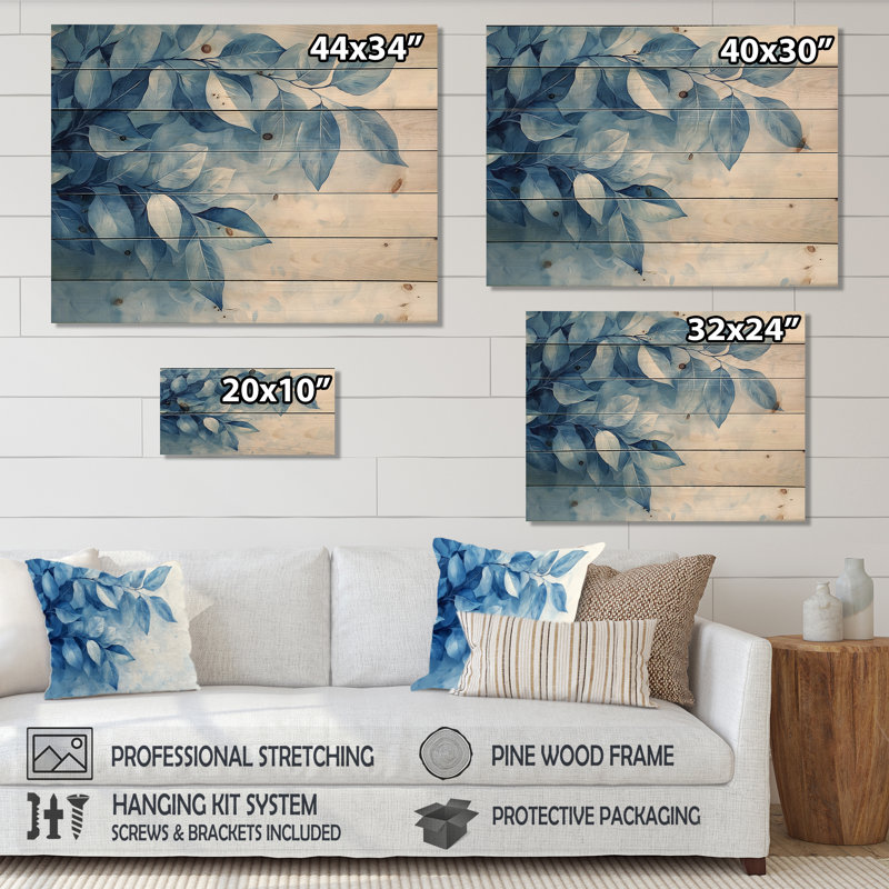 Feuilles douces dans l'aquarelle «Hazy Blues II» - Décoration murale en bois de plantes - sur bois de pin naturel