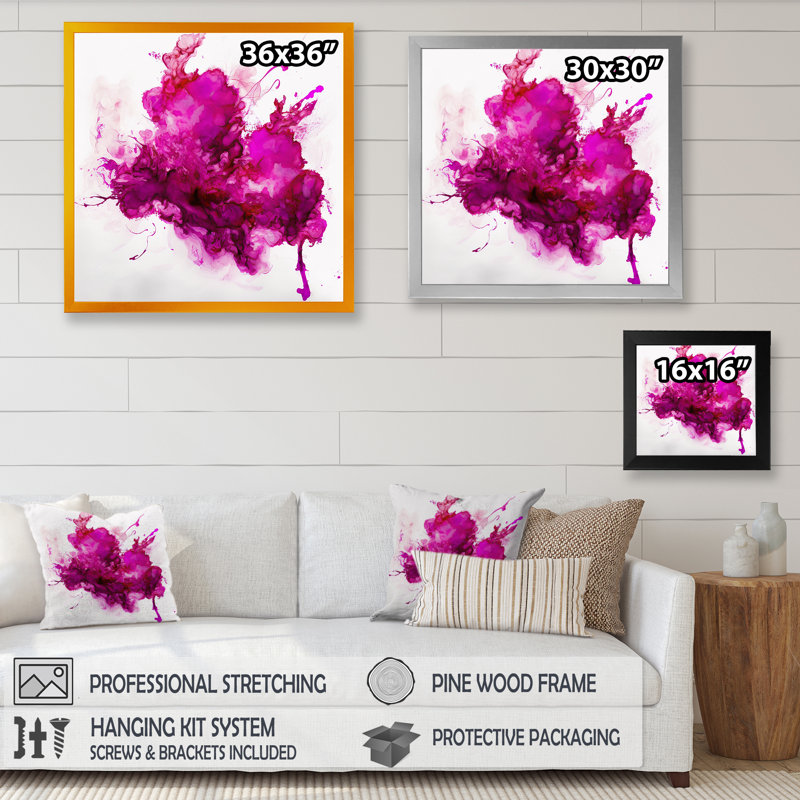 Viva Magenta Secret Wispers III - Art mural abstrait à l'encre liquide pour le salon, H 16 po x l 16 po x P 1 po