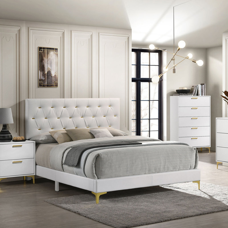 White Upholstered Eastern King Panel Bed