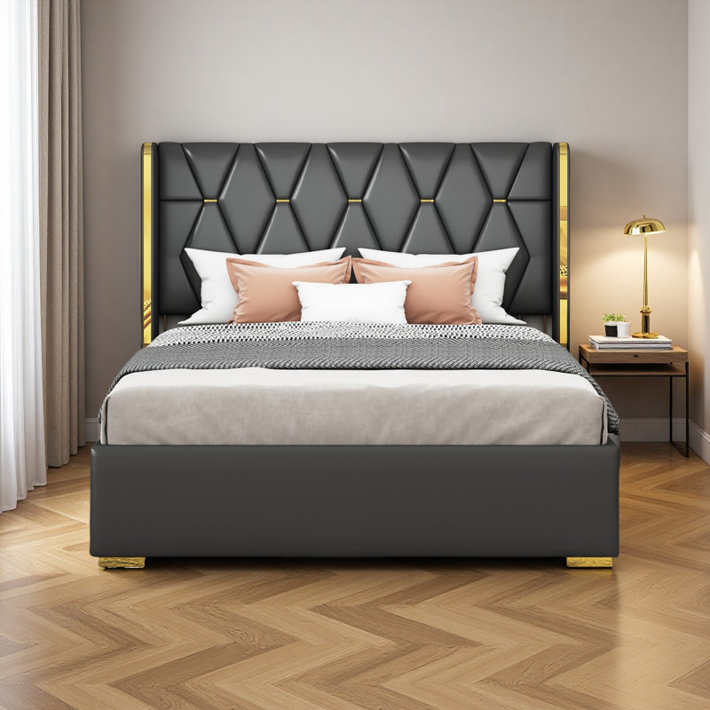 Lit plateforme tapissier avec bandes métalliques, Lit double