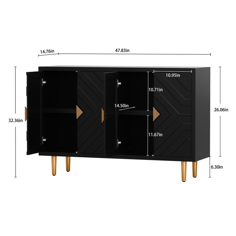 Shonnell 47.8'' Modern Sideboard Cabinet with 4 Embossed Pattern Doors for Kitchen, Living Room, Black