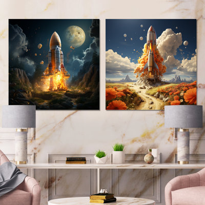 Rocketships Take Off I - Rocketship Metal Prints Square Set Of 2
