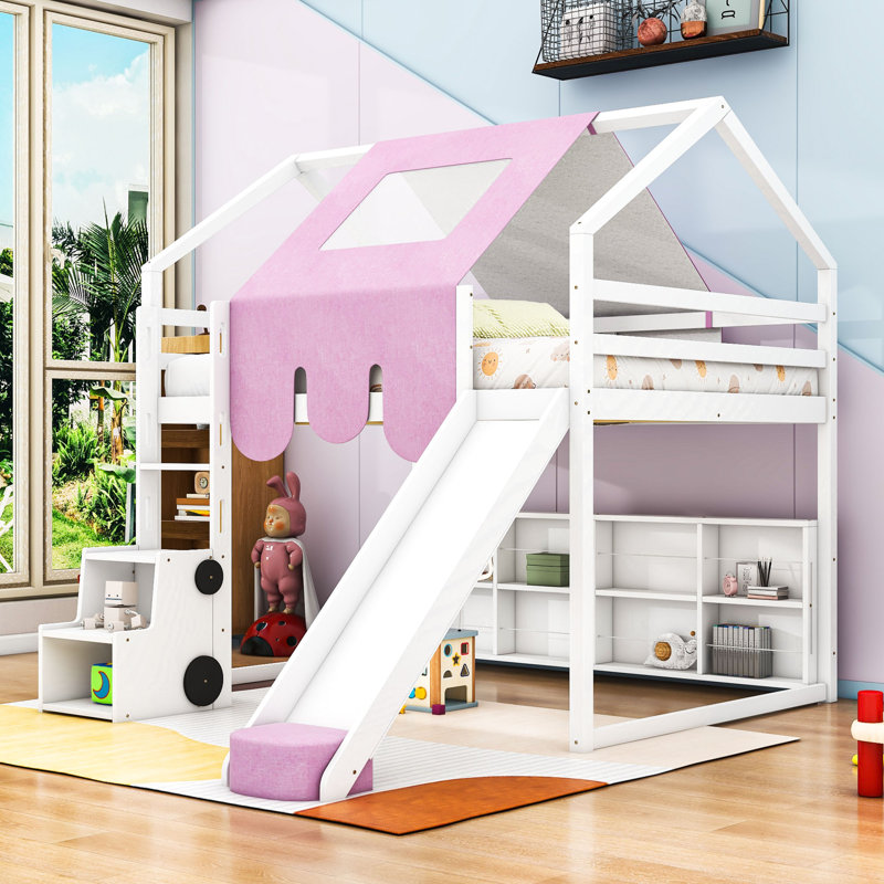 Articia Wooden Loft Bed With Slide And Storage, Full, White Pink