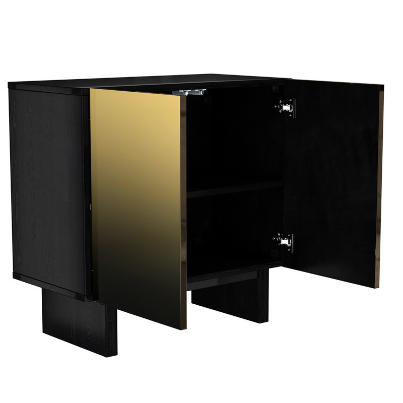 Armoire d'appoint moderne à 2 portes en noir mat, portes grillagées dorées, fonction d'ouverture par pression, 3 tablettes réglables pour le rangement de divers articles, différents espaces multifonctionnels, base et peinture brillante avec