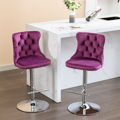 Pivotant avec siège en velours, hauteur réglable de 25 à 33 pouces, base, mauve, support dorsal pour support de cuisine de pub à domicile, 25 à 33 sur 2