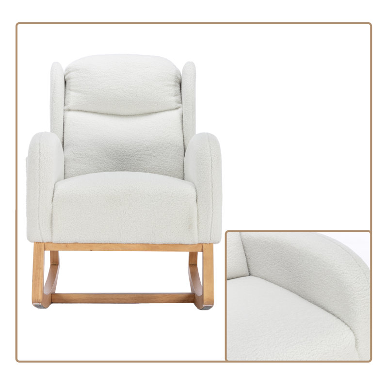 Chaise berçante moderne rembourrée avec base en bois et poche latérale, Ivoire ivoire