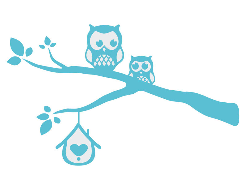 Décalcomanie murale owls sur une branche, H 24 po x l 40 po x P 0,01 po, Bleu geyser
