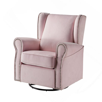 Chaise pivotante rose à accoudoirs roulés avec garniture cloutée
