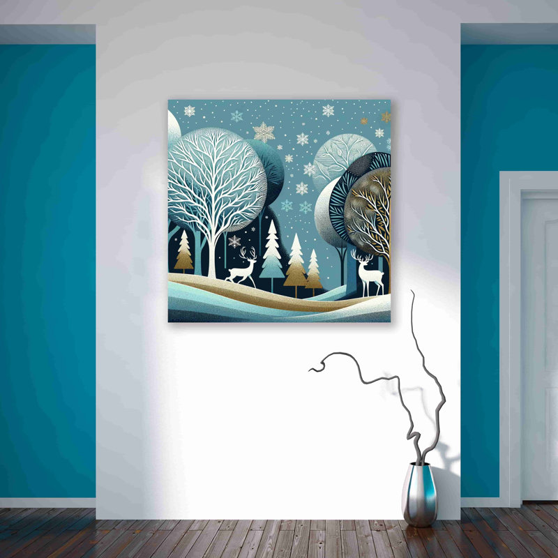 «Enchanted Winter Night: Stylized Trees and Snowflakes», art sur toile, H 40 po x l 40 po x P 1,5 po