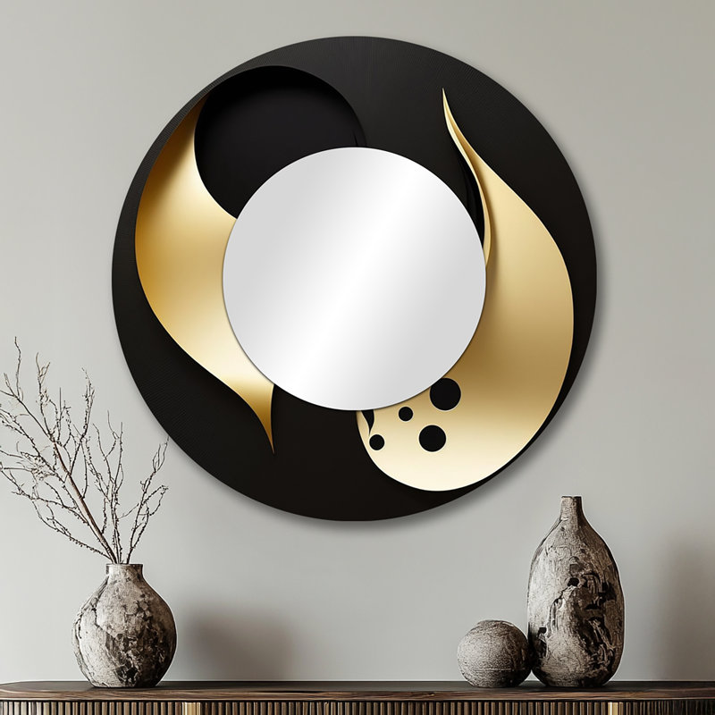 Golden Droplets On Black - Geometric Large Mirror, Black Round Decorative Wall Mirror, Printed Metal Art, 29" x 29"