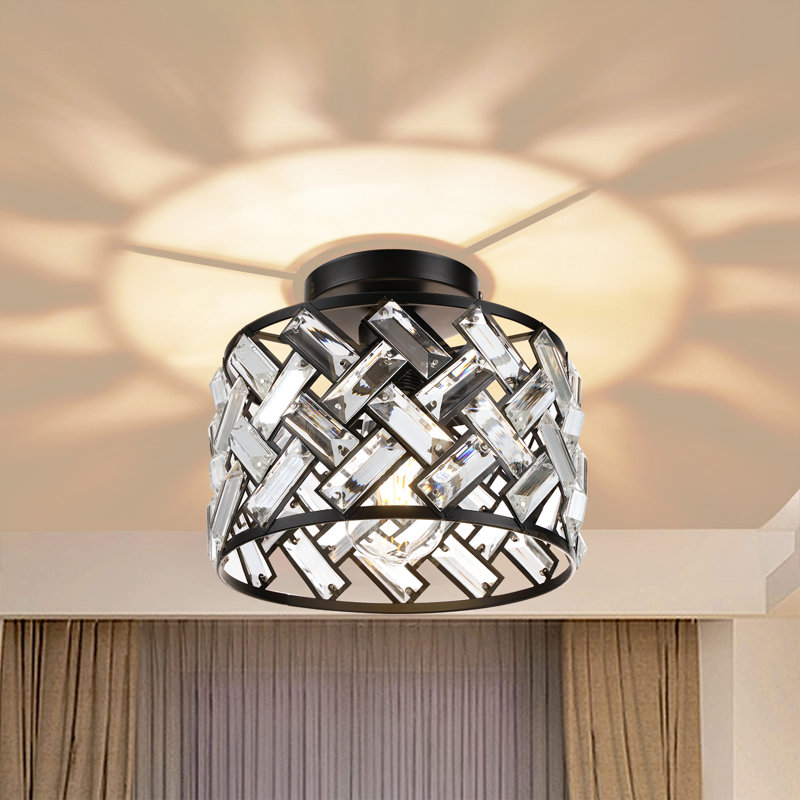 Plafonnier encastré moderne en cristal 3 lumières noir avec abat-jour tambour pour le salon de la chambre à coucher