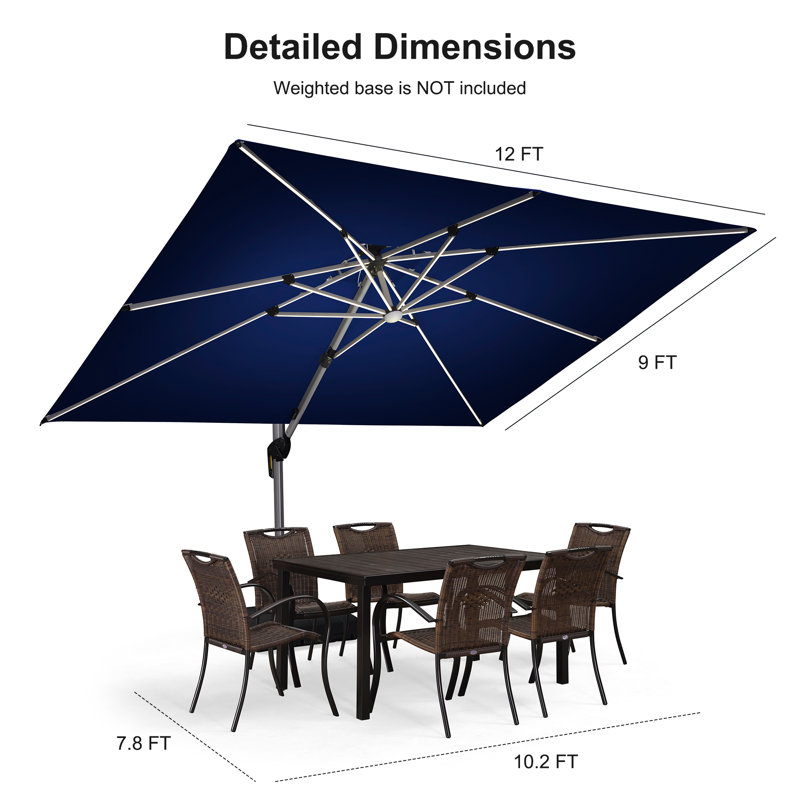 9' x 12' Double Top Deluxe Rectangular Lighted Cantilever Umbrella,Navy, Navy Blue